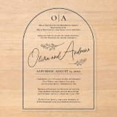 Simple Elegant Black Botanical Floral Arch Wedding アクリル招待状 (正面)