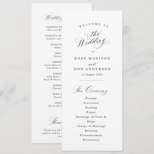 Simple elegant black calligraphy wedding program プログラム (正面/裏面)