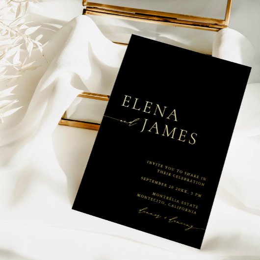 Simple Elegant Black & Gold Minimalist Wedding 箔招待状