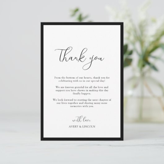 Simple Elegant Black & White Border Script Wedding サンキューカード (スタンド正面)
