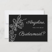 Simple elegant black white floral Bridesmaid 招待状 (正面)