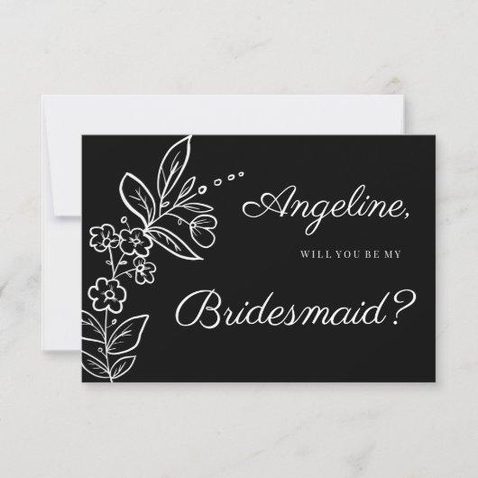 Simple elegant black white floral Bridesmaid 招待状 (正面)