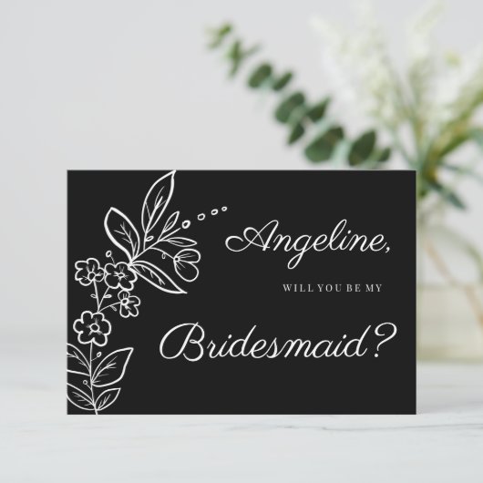 Simple elegant black white floral Bridesmaid 招待状 (スタンド正面)