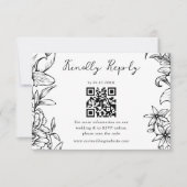 Simple Elegant Black White Floral QR Code Wedding 出欠カード (正面)