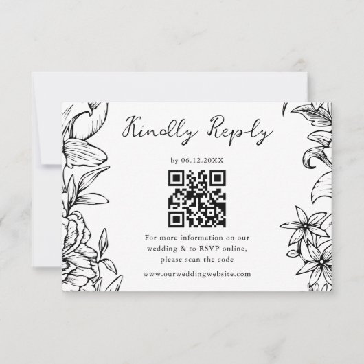 Simple Elegant Black White Floral QR Code Wedding 出欠カード (正面)