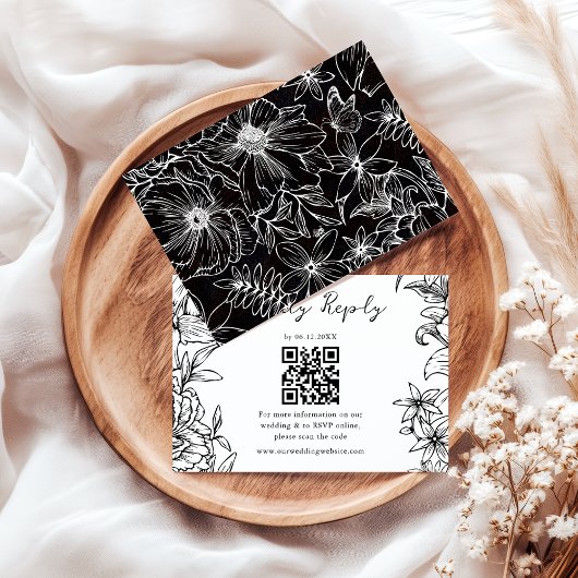 Simple Elegant Black White Floral QR Code Wedding 出欠カード