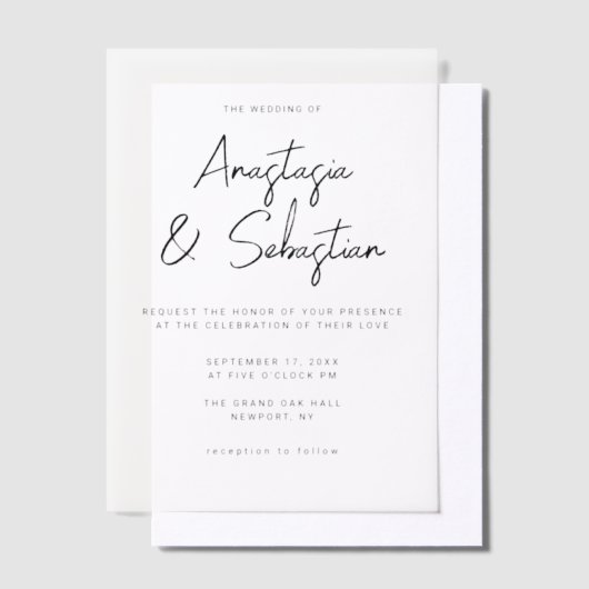 Simple Elegant Black & White Script Photo Wedding ベラム紙招待状 (オフセット)