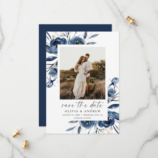 Simple Elegant Blue Floral Script & Photo Wedding  セーブザデート (正面/裏面インサイチュ)