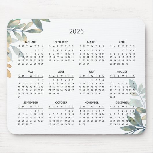 Simple Elegant Botanical 2026 Calendar | Mousepad マウスパッド (正面)