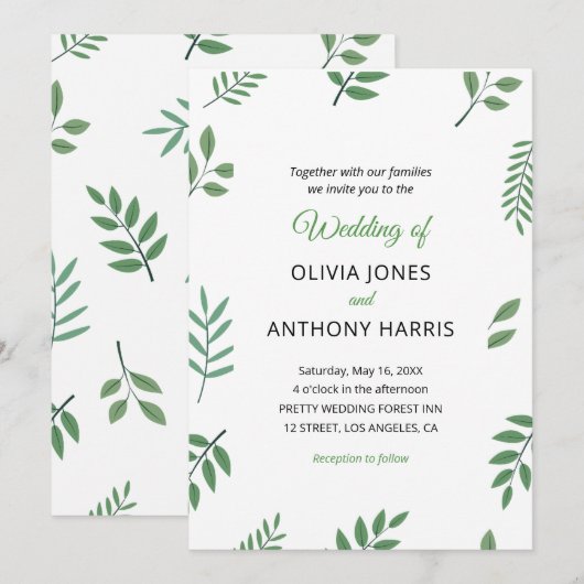 Simple Elegant Botanical Greenery Leaves Wedding  招待状 (正面/裏面)