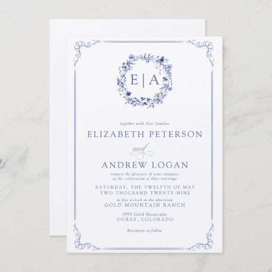 Simple Elegant Calligraphy Floral Wreath Wedding 招待状 (正面/裏面)