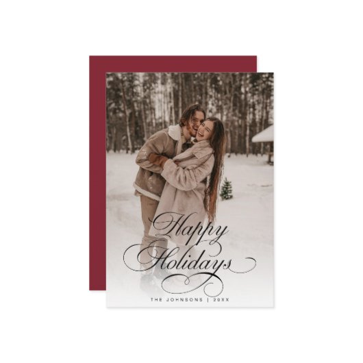 Simple Elegant Calligraphy Red Christmas Photo シーズンカード (正面/裏面インサイチュ)