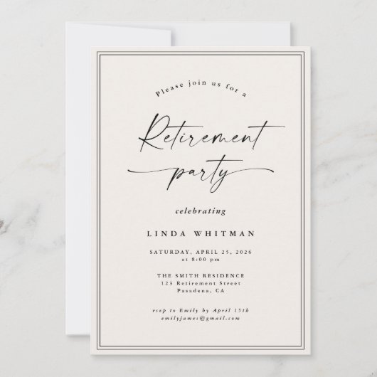Simple Elegant Calligraphy Script Retirement Party 招待状 (正面)