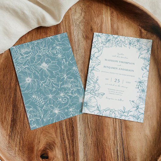 Simple Elegant Dusty Blue Floral Garden Wedding 招待状