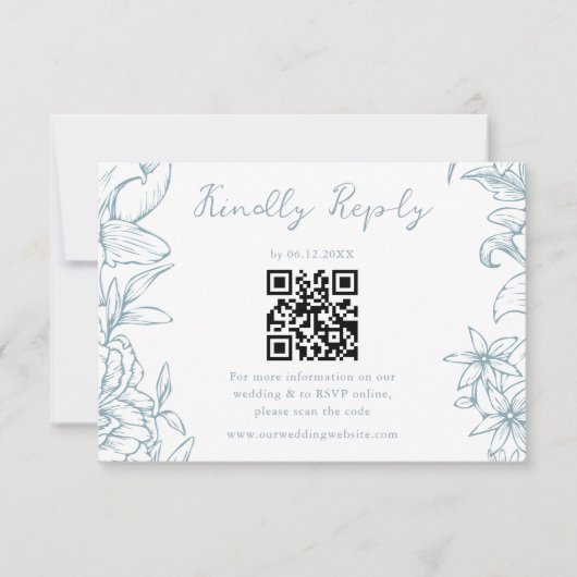 Simple Elegant Dusty Blue Floral QR Code Wedding 出欠カード (正面)