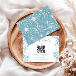 Simple Elegant Dusty Blue Floral QR Code Wedding 出欠カード