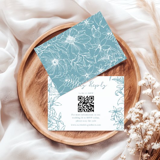 Simple Elegant Dusty Blue Floral QR Code Wedding 出欠カード