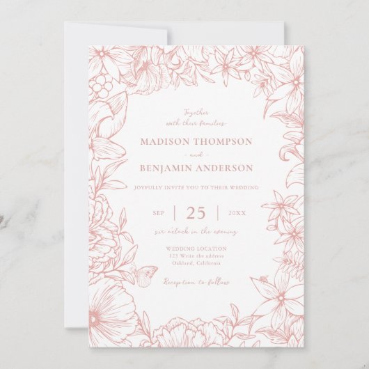 Simple Elegant Dusty Pink Floral Garden Wedding 招待状 (正面)