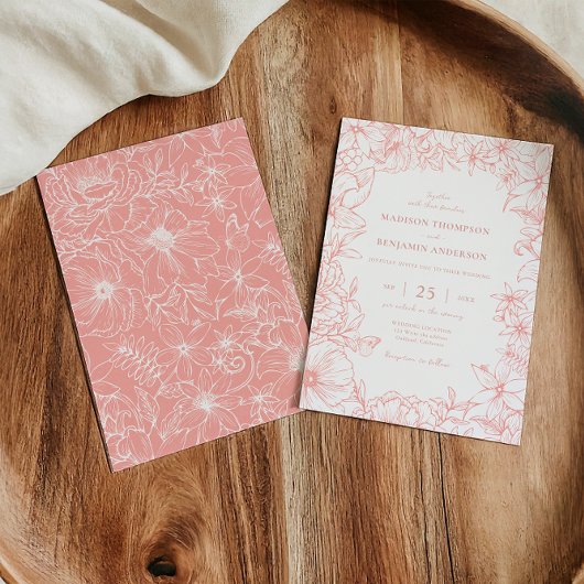 Simple Elegant Dusty Pink Floral Garden Wedding 招待状