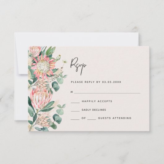 Simple Elegant Eucalyptus Pampas Grass Protea 出欠カード (正面)