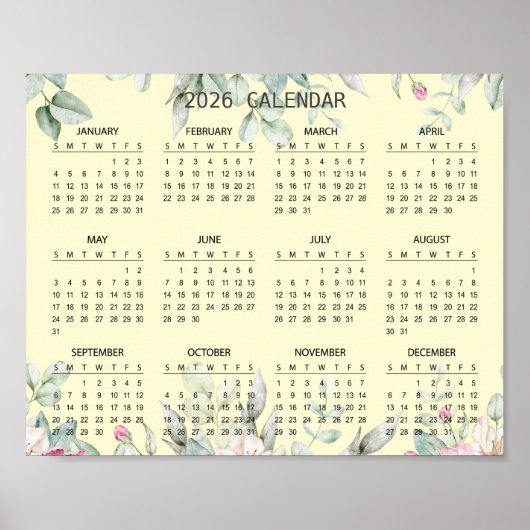 Simple Elegant Floral Botanical 2026 Calendar |  ポスター (正面)