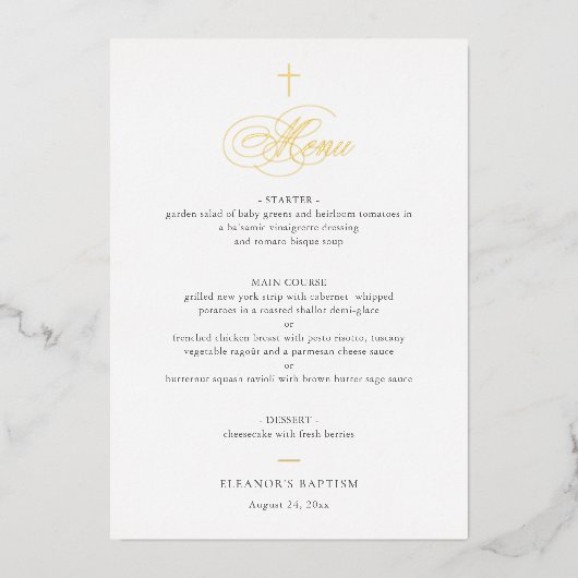 Simple Elegant Gold Cross Calligraphy Baptism Menu 箔招待状 (正面)