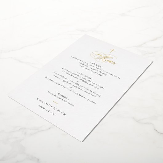 Simple Elegant Gold Cross Calligraphy Baptism Menu 箔招待状 (回転した状態)