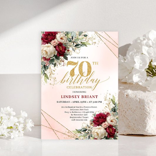 Simple Elegant Gold Floral 70th Birthday Invites 招待状
