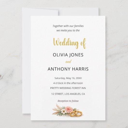 Simple Elegant Gold Floral Rose Wedding 招待状 (正面)