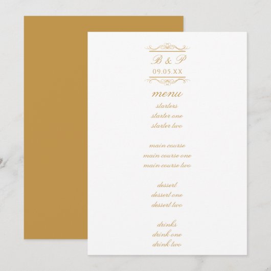 Simple Elegant Gold Monogram Wedding Menu Card (正面/裏面)
