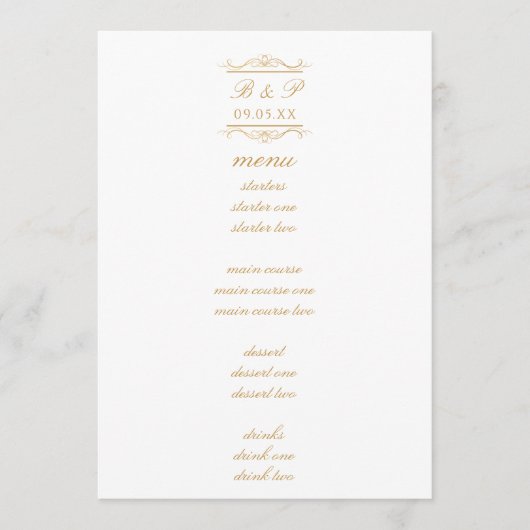 Simple Elegant Gold Monogram Wedding Menu Card (正面)