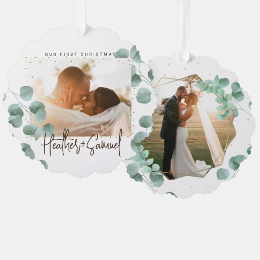 Simple Elegant Greenery Merry and Married Photo オーナメントカード (正面/裏面)