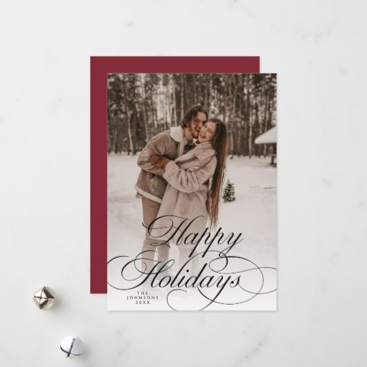 Simple Elegant Happy Holidays Photo Red Christmas  シーズンカード (正面/裏面インサイチュ)