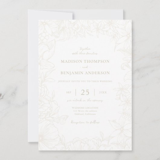 Simple Elegant Ivory Floral Garden Wedding 招待状 (正面)