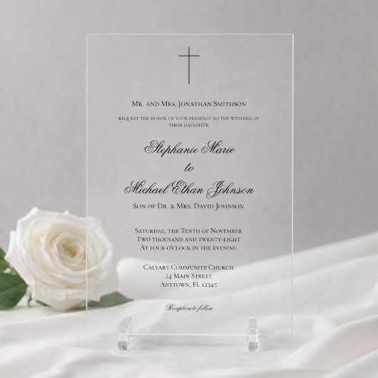 Simple Elegant Minimalist Cross Church Wedding アクリル招待状