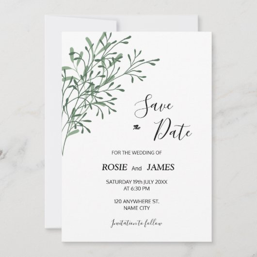 Simple Elegant Modern Greenery Save the Date セーブザデート (正面)