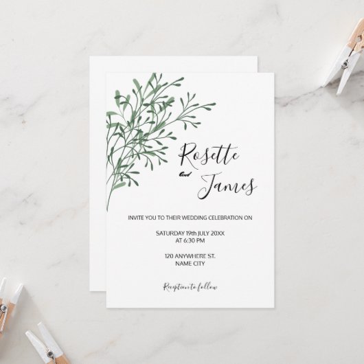 Simple Elegant Modern Greenery wedding Invitation 招待状 (正面/裏面インサイチュ)