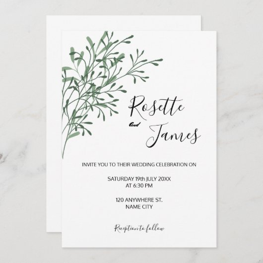 Simple Elegant Modern Greenery wedding Invitation 招待状 (正面/裏面)