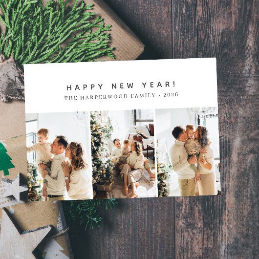 Simple Elegant Modern Happy New Year Three Photo シーズンカード