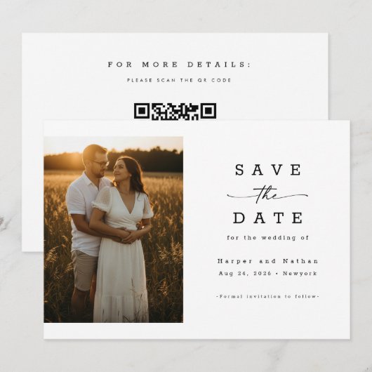 Simple Elegant Modern Photo Wedding QR Code セーブザデート (正面/裏面)