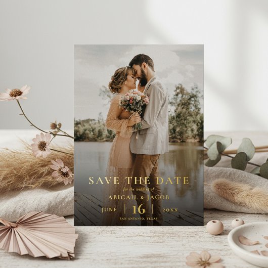 Simple Elegant Modern Photo Wedding Save the Date 箔招待状