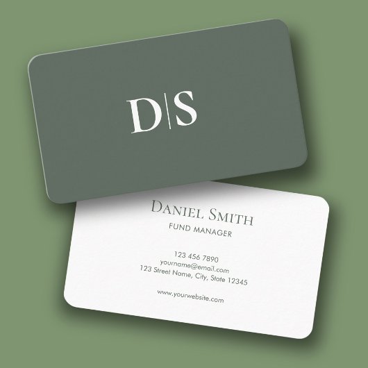 Simple Elegant Muted Green White with Initials 名刺
