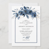 Simple Elegant Navy Blue Boho Floral Arch Wedding 招待状 (正面)