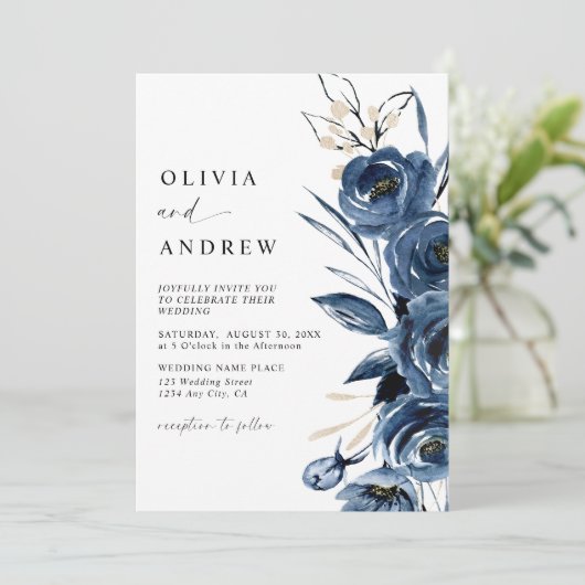 Simple Elegant Navy Blue Boho Floral Wedding 招待状 (スタンド正面)