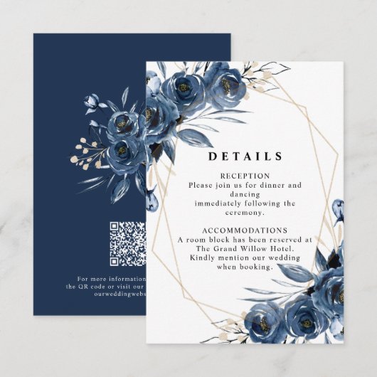 Simple Elegant Navy Blue Wedding QR Code Details エンクロージャーカード (正面/裏面)