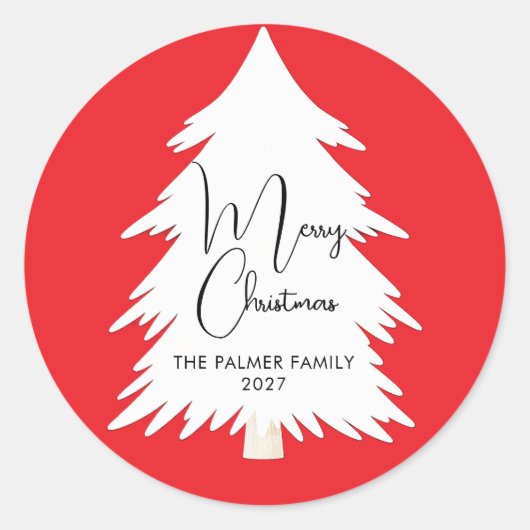 Simple Elegant Pine Tree Script Merry Christmas ラウンドシール (正面)