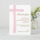 Simple Elegant Pink Cross First Holy Communion  サンキューカード (スタンド正面)