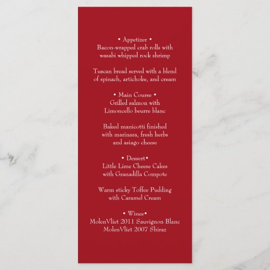 Simple Elegant Red Love Wedding Menu Card メニュー (裏面)