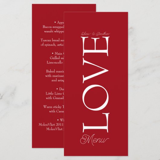 Simple Elegant Red Love Wedding Menu Card メニュー (正面/裏面)