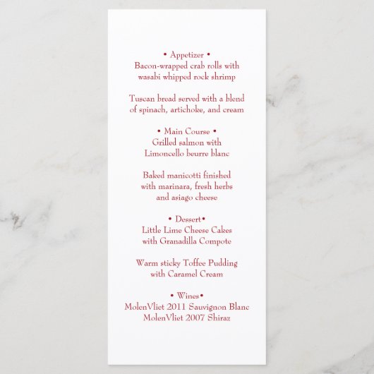 Simple Elegant Red Love Wedding Menu Card メニュー (裏面)